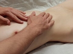 Stepbrother tantalizingly massages his stepsister's natural tits in a steamy session