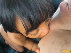 Belleza, Tetona, Ébano, Enorme, Interracial, Chupando, Paja con tetas