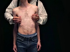 Obedient skinny twink fucked by dominating dilf with dildo