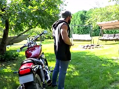 Maskurbate hardworking biker jerking off dick outdoors