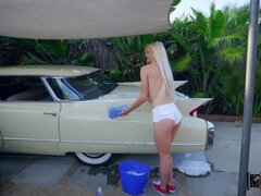 Kinky car washing with naughty Morgan Rain