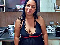 Squirting orgasm in the kitchen in front of my stepson, Im a horny stepmom MILF. Do you want to be my stepson?