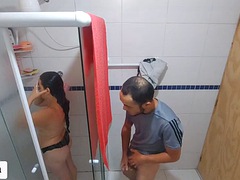 Naughty old stepfather watches his stepdaughter in the shower! and made him give a blowjob and feel his cock in her pussy!