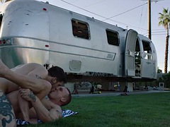 Kinky tattooed stud rims and fucks stepbro outdoors by the pool