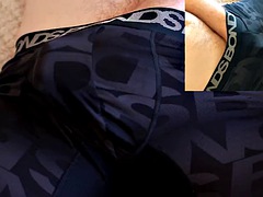 Cumshot on bicycle shorts from two camera angles