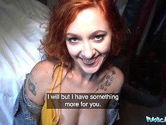 Cherry candle, the tight-bodied redhead waitress, takes a rough pounding in public from Martin Gun