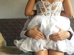 Sexy bride dry humping in wedding dress and plus satin panties, cum in pants grinding, TEASER