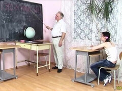 Russian teen student Iren fucked by old teachers in amateur threesome in college