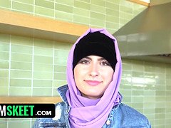 Arab Hijab masturbates before swallowing and taking a hard pounding from her boyfriend's big cock