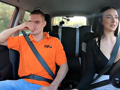 Busty driving student spreads her legs for her instructor