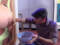 Ass models at an art show share a huge dick