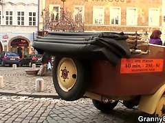 Old granny in stockings rides stranger's cock