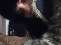 Blow-job and Cum Play While Wearing a Hot Green Fur-coat, Leather Gloves and Long Boots 21