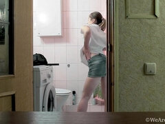 Wet Hairy Blonde Regina masturbating solo in bathtub - White Blouse Denim Shorts