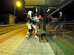 Quick and risky sex at a public bus stop, squirting orgasm and cum in my mouth and more.. Dada Deville