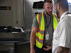 Gay flight attendant sucks and fucks anal in the luggage room