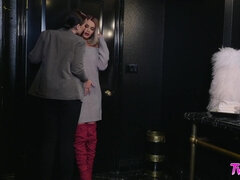 Tattooed brunette with big coconuts seduced skinny chick