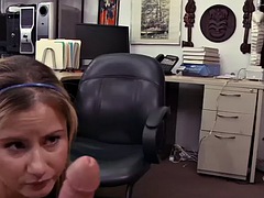 Pawnshop boss fucks busty client doggy style in POV