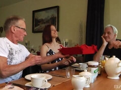 Fiery red head Minnie Manga gets double teamed by two grey haired geezers
