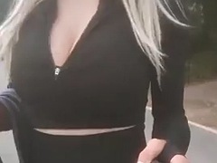 SIssyjenny88 Amateur crossdresser with huge big tits alone outdoor walk part 2 tight leggings jogger