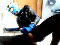 Blue Hornet in Spandex Catsuit Cums on Blue Latex Gloes and Mask