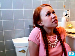 Petite ginger-haired teenager Dolly little gags on Largos big cock