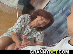 youthful customer pokes sewing granny