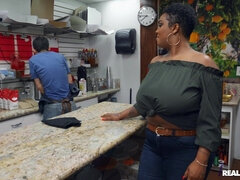 Lil Barista - interracial kitchen threesome with busty ebony mom Layton Benton