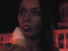 Dirty talking couple kissing and licking icecream publicly