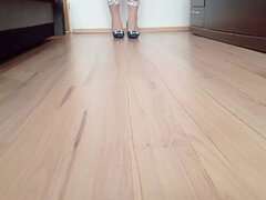 Crossdresser Walks in Sexy Blue Jeans Pointed Toe High Heels Pumps with Buckle