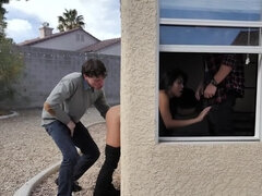 Schlafzimmer, Kondom, Hundestellung, Im freien, Höschen, Öffentlich, Muschi, Flotter dreier