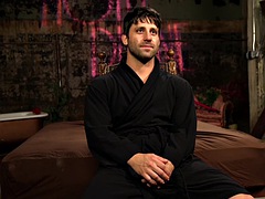 Busty latex female dominates over male using huge toy