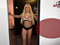 Busty blonde milf in latex dress and high heels gets her pussy creampied