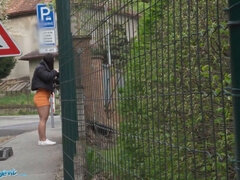 Sexy Spanish babe in tight dress fucks outside for cash