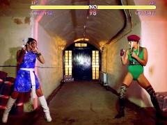 Christen Courtney as Cammy and Rina Ellis as Chun Li are making out