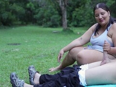 Busty mother with jiggling boobs enjoys outdoor banging