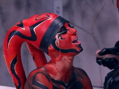 A sexy Sith girl is sucking a large dick on her knees