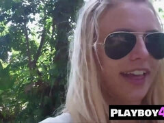 Small tits blonde MILF Karina Marie shows stunning ass and posed with sexy stockings on and enjoyed posing for the Playboy Cute blonde MILF posed outd