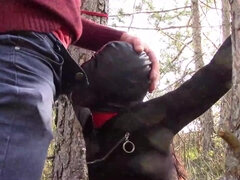 Tied To A Tree On A Sensual Outfit, Masked And Outdoor Deepthroating With No Mercy - Oral Sex