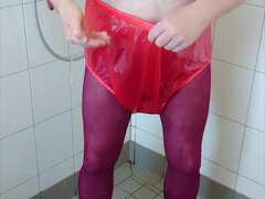 Incontinence Fun in Hot Pantyhose and Rubber Pants