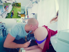 Horny girl is being fucked from behind by a bald dude