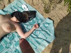 Big Cock Guy Jerks Off Near Nude Beach Babe with Huge Tits