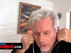 Stepgrandpa catches his sexy teen friend rubbing her hairy pussy & gives her a deepthroat blowjob