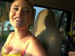 Busty teen hitchhiker sucks cock and fucked