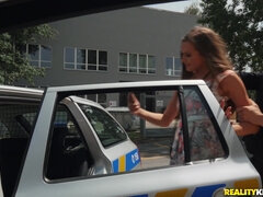 A young busty lady gets pounded on the hood of a police car