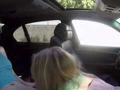Serene Siren and Vera Bliss kissing and licking inside the car