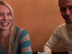 Russian blonde agrees to suck two cocks for cash in public restroom