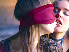 lesbo blindfolds and forces a straight doll to masturbate