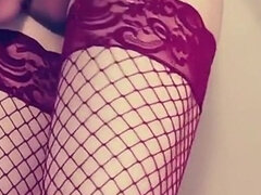 Sissy Femboy in Red Fishnet Stockings P2