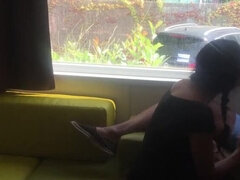 Risky Public Blowjob In Front Of Window - Hot Brunette MILF Wife On Her Knees Outdoor Camping